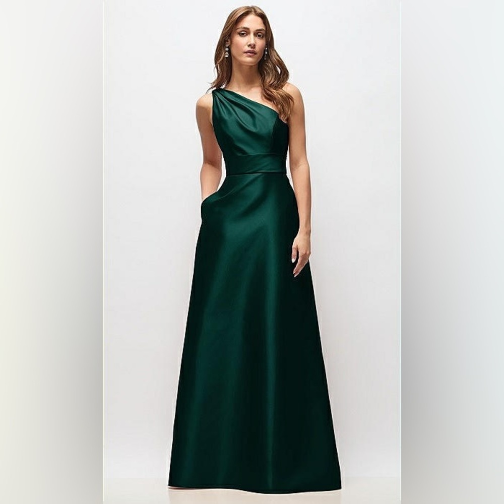 Alfred Sung Draped One Shoulder Satin Maxi Dress hunter